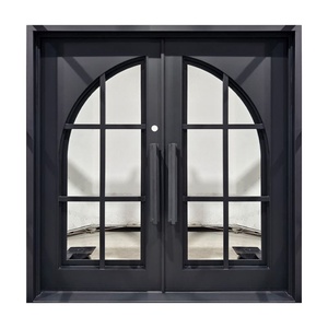 Puerta de entrada de hierro forjado de estilo moderno, diseño resistente al óxido con paneles de vidrio arqueados y acabado con recubrimiento de polvo negro. - Product Image 1