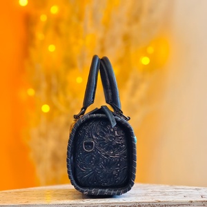 Black Color 100% Genuine Leather Women's Mini Speedy Duffle Bag With Single Stone Studded On Middle & Hand Tooled Florals Carved - Product Image 3