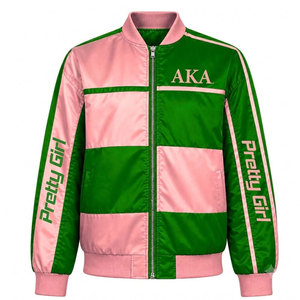 Alpha | Kapa | Alpha Sorority Pretty Women Varsity <b>Jacket</b> Green & <b>Pink</b> Color Block Zipper Front Logo AKA Women's Baseball <b>Jacket</b> - Product Image 4