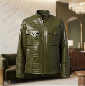 Blouson en cuir PU gaufré crocodile vert, col montant, manches longues, longueur standard, veste pour femme, automne - Product Image 1