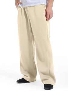 Pantalon de survêtement ample pour homme, coupe large, beige crème, en molleton épais, à bas ouvert, coupe droite, vente en gros - Product Image 5