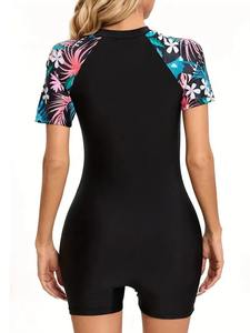 Maillot de bain une pièce noir pour femme avec bandes latérales néon, col carré, extensible, design contrastant - Product Image 5