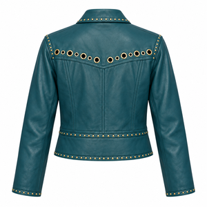 Chaqueta Bomber de Cuero Verde Azulado para Hombre, Corte Ajustado, Cuello Camisero, Cierre de Cremallera, Detalle de Remaches, Largo Regular, Invierno, Ecológica, Resistente al Viento - Product Image 2