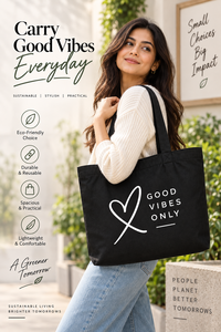 กระเป๋าผ้าแคนวาสแบบกำหนดเอง Good Vibes Only สีดำ ดีไซน์มินิมอล ลายพิมพ์ สำหรับผู้หญิง ใช้สำหรับช้อปปิ้ง ท่องเที่ยว ใช้ได้ทุกฤดูกาล - Product Image 6