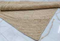 Tapis rond en jute fait main, style bohème, bordure noire et blanche, fibre naturelle, tapis tressé à la main, décoration de salon style farmhouse