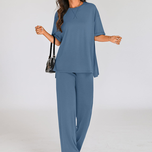 Premium Quality Co-ord Women's <b>Knit</b> <b>Set</b> Trending Relaxed Fit Top Wide Leg Pants Casual Solid Loose For Summer Women's <b>Sets</b> - Product Image 4