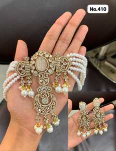 AD CZ Polki <b>Pearl</b> Premium Quality Choker <b>Necklace</b> <b>Set</b> For Girls Women Bridal Party Wear - Product Image 3