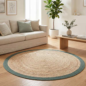 Navy Blue <b>Round</b> Braided Jute Rug, Handwoven Circular Floor Rug for Coastal Living Rooms - Product Image 5