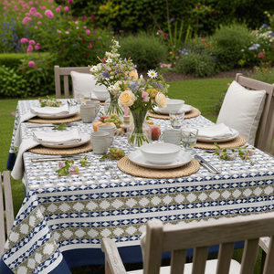 Nordic Blue Greystone Stripe 10 Seater <b>Tablecloth</b> 180x270cm Handcrafted 100% Cotton Wedding Dining Home Decor Style - Product Image 4