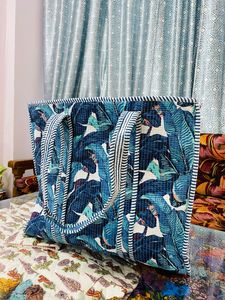 Blue Tropical Leaf Print Quilted Cotton <b>Boho</b> Style Drawstring Closure Large Tote <b>Bag</b> Women Handmade Reusable Shopping Shoulder - Product Image 2