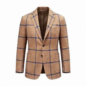 Blazer à carreaux pour homme, revers cranté, simple boutonnage, coupe droite, pour affaires, décontracté, mariage, soirée, motif à carreaux camel - Product Image 1