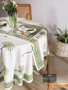 AMORA Round Cotton <b>Tablecloth</b> <b>Green</b> Plant Pattern Handmade Washable Customizable Party Use Modern Style - Product Image 1