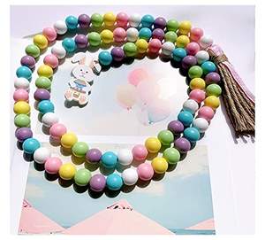 Guirlande de perles en bois avec pompons, étiquette lapin et œuf, style rustique campagnard, perles en bois de printemps, décoration suspendue bohème pour la maison - Product Image 2