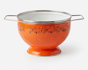 Finest Orange Enamel Colander With Floral Design Stainless Steel Handles Durable Kitchen Strainer For <b>Vegetables</b> And Fruits - Product Image 1
