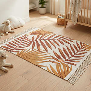 Tapis en coton imprimé feuilles tropicales 3' x 5' pour chambre d'enfant et décoration bohème - Product Image 1