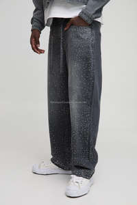 Pantalon en jean de qualité supérieure avec strass jean sale lavé à la clientèle jean ample unisexe à jambe droite en gros - Product Image 2