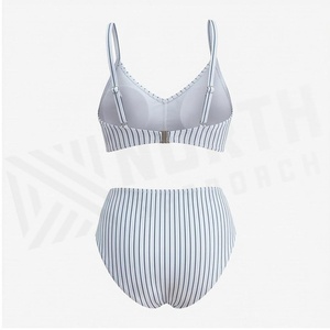 Women Striped Bikini Set High Waist Bottom <b>Crossed</b> Halter <b>Top</b> Twist Detail Spandex Polyester Swimwear - Product Image 2