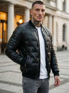 Men's Black PU Bomber <b>Jacket</b> Windproof Zipper Closure Padded Winter Moto Style Thick Solid Color Regular Fit - Product Image 6