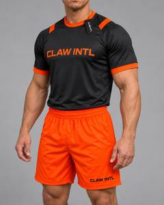 Maillot de football CLAW INTL pour homme, noir et orange, imprimé par sublimation, col rond, manches courtes, évacuation de l'humidité, polyester, coupe athlétique - Product Image 3
