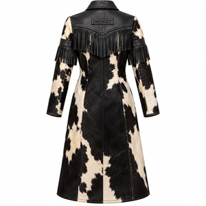 <b>Womens</b> Black White Cowhide Fur Western Fringe Duster Coat Yoke <b>Tassel</b> Leather Trench Long Outerwear Oem Service - Product Image 2
