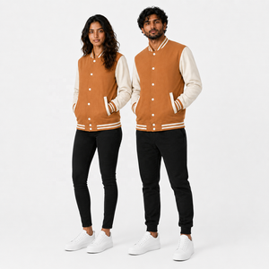 Blouson universitaire unisexe marron personnalisé, écologique, à séchage rapide, pour l'hiver, avec fermeture à boutons-pression, manches contrastantes et bordures côtelées sur les côtés - Product Image 2