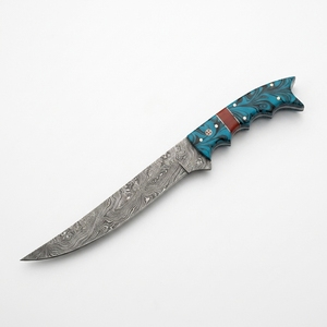 Couteau de cuisine professionnel à lame fixe en acier Damas, manche en résine bleue, pour la vente en gros, les OEM, les détaillants et les revendeurs - Product Image 1