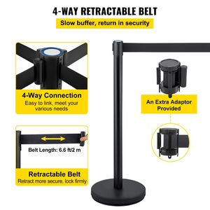 Set di 4 Pali di Controllo Folla con Cinghia Retrattile Nera da 2 m (6,6 piedi) e Tornelli Neri per il Controllo della Folla - Product Image 4