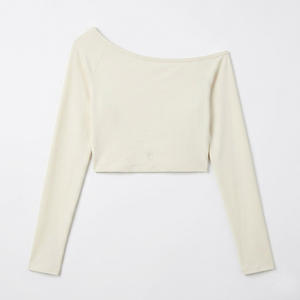 Haut de yoga asymétrique à épaules dénudées grande taille pour femme, manches longues, coupe ajustée, court, t-shirt de sport anti-humidité - Product Image 2