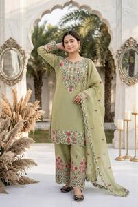 Salwar Kameez Tradicional para Mujer, Color Verde Claro y Rosa, Bordado, Largo hasta el Tobillo, Algodón, Ropa Casual, Vestido Étnico de India y Pakistán - Product Image 3