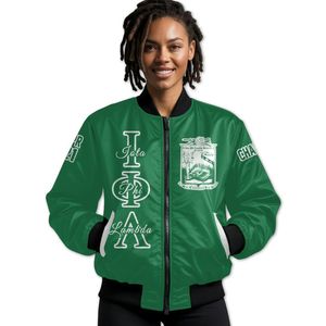 Blouson Bomber Personnalisé pour Femme Iota Phi Lambda, Vert Émeraude, avec Écusson à Lettres Grecques au Dos et Fermeture Éclair - Product Image 1