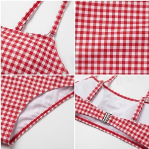 Ensemble bikini 2 pièces à carreaux rouges pour femme, haut bandeau et bas taille haute, maillot de bain extensible - Product Image 4