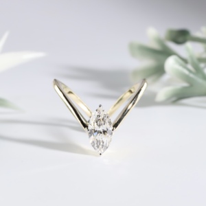 Gold Marquise Cut Lab Grown Diamond Engagement <b>Ring</b> Modern V Shaped Chevron Wishbone Wedding Band Solitaire <b>Fine</b> Jewelry - Product Image 1