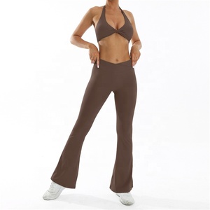 Women's Grey 2-Piece Yoga Set Halter Twist Sports Bra High Waist <b>Flare</b> <b>Leggings</b> Spandex Front Breathable Seamless Fitness - Product Image 4