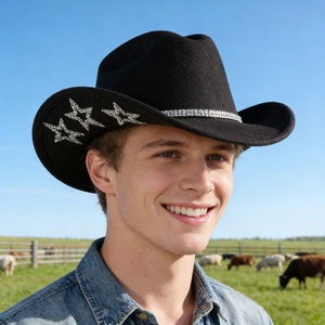 Chapeau de cowboy noir avec broderie d'étoiles scintillantes, style punk pour femmes, fête, printemps, été, 56-58 cm - Product Image 3