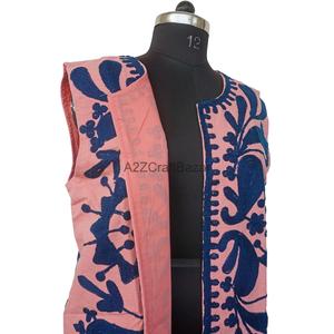 Woman Handmade Breathable Cotrise Suzani Embroidered Jacket Floral Printing Outerwear O-Neck Short Length <b>Covered</b> <b>Button</b> Closure - Product Image 3