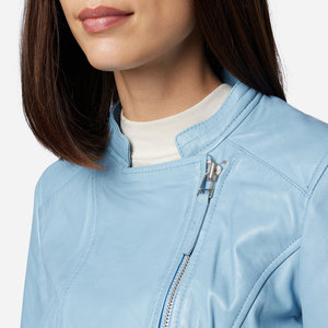 Chaqueta de Moto de Cuero PU Azul Claro para Mujer, Cuello Redondo, Cierre de Cremallera, Manga Larga, Corte Regular, Estilo Otoñal - Product Image 6