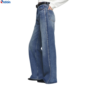 Fabricante de Jeans Casuales de Cintura Alta para Mujer, Estilo Vintage, Corte Recto, Holgados, OEM, con Lavado Ácido y Adornos de Cristales - Product Image 1