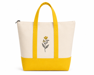 AMANI Two Tone Canvas <b>Medium</b> Tote Bag Zipper Shoulder <b>Handbag</b> Embroidered Flower Shopper for Beach Travel Gift - Product Image 1