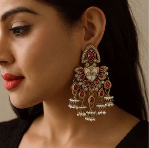 Kashmiri Fusion Geometric Long Earrings Lightweight Gold Plated Statement Jewelry Traditional Elegance Modern <b>Charm</b> Perfect - Product Image 3