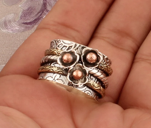 Bague Spinner faite à la main en laiton en argent Sterling 925 sculpté Designer trois tons pouce anxiété inquiétude bague de méditation pour la fête de mariage - Product Image 6