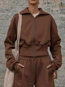 Conjunto Deportivo Casual de Dos Piezas para Mujer, Sudadera Corta con Cierre y Cuello Redondo, Color Marrón, para Invierno - Product Image 4