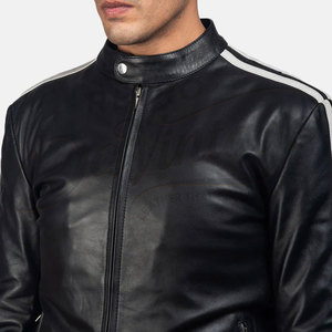 Chaqueta de Cuero Genuino para Hombre, Estilo Motero, Color Negro, con Rayas Blancas en las Mangas, Corte Ajustado, Estilo Racing, Ropa de Invierno - Product Image 3