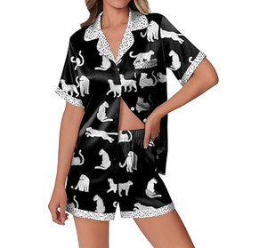 Ensemble de pyjama en satin pour femmes, manches courtes, imprimé panda, col rabattu, fermeture à boutons, vêtements de nuit d'été, vêtements décontractés - Product Image 2