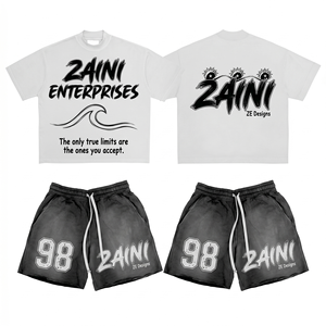 Ensemble T-shirt et short pour homme en coton éponge premium 320 GSM, blanc et noir, surdimensionné, impression personnalisée, impression en relief, OEM ODM - Product Image 1