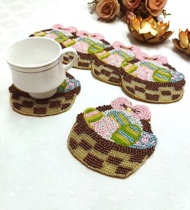 Handmade Beaded Cup Coasters Set Of 4 Cute Fabric <b>Drink</b> Mats With Chocolate Cake Design <b>For</b> Coffee Tea Serving - Product Image 1