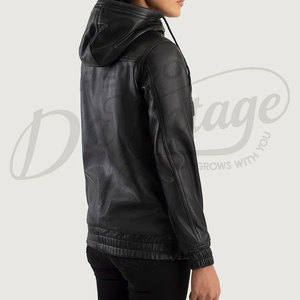 Chaqueta Anorak de Cuero Genuino Negra para Mujer, con Capucha, Corte Ajustado, Premium, Media Cremallera, Estilo Urbano, Cortavientos, Sudadera con Capucha de Moda - Product Image 6