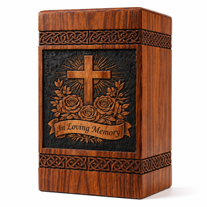 Urna Funeraria de Madera Marrón Estilo Europeo con Rosas y Cruz, Diseño Personalizable en Memoria de un Ser Querido - Product Image 1