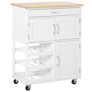 Carrello da Cucina Moderno Bianco con Isola, Cassetti Contenitori, Portabottiglie da 9 Posti, Armadietti con Ante e Piano in Legno di Pino, Isola da Cucina Mobile con Ruote - Product Image 1