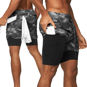 Shorts de sport gris pour homme à séchage rapide avec couche de compression intérieure, taille mi-haute, cordon de serrage, en tricot de spandex et polyester - Product Image 4