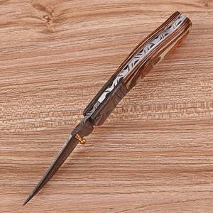 Cuchillo de caza plegable EDC de hoja recta de acero de Damasco hecho a mano con bloqueo de liner, personalizado para exteriores, OEM, marca privada, mango de madera - Product Image 6